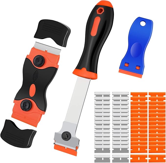 Razor Blade Scraper Tool, 3 Pack with 50 Plastic & 30 Metal Razor Blades, Cleaning Scraper for Removing Label, Registration Sticker, Tint, Grease from Windshield, Appliance, Glass