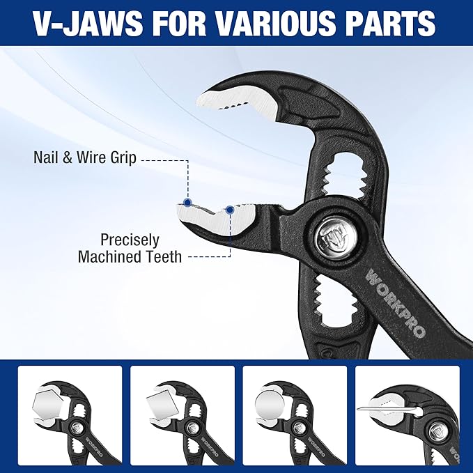 WORKPRO 5-Inch Water Pump Pliers, CR-V Plumbing Lock Plier, Quick Adjust Groove Joint Pliers, V-Jaw Quick Release Push Lock Pliers with Comfortable Grips