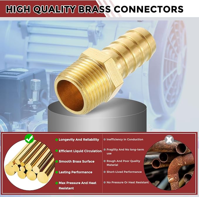Pack of 12 Brass Hose Barb Fittings Adapter Connector 1/2" Hose Barb to 3/8" NPT Male Fittings for Home Machines, Massage Bathtubs, and Irrigation Systems