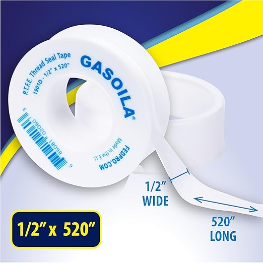 Gasoila PTFE Thread Seal Tape – Professional-Grade, 1/2 Inch x 520 Inch, Low-Density Thread Tape for Plumbing and Water Pipes – Leak-Proof Seal, Non-Toxic