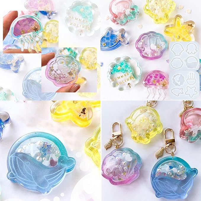 Resin Shaker Molds Set Sea Animals Keychain Charms Pack of 8 Epoxy Silicone Trays Precision Tip Applicator Bottle Kit Bundle