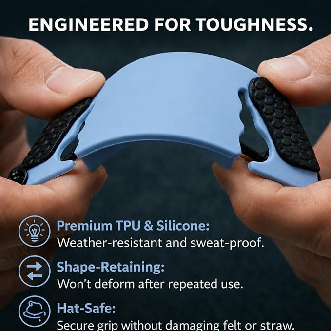 Cowboy Hat Retainer, Silicone Hat Size Reducer Rodeo | hard sweatband fit, leather band compatibility, hidden interior grip, wind control, felt and straw styles, rider accessory