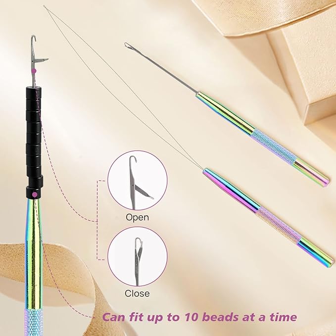 NEWISHTOOL Hair Extension Tool Kit - Silicone Micro Beads, Stainless Steel Beads Plier, Metal Bead Threader and Needle Pulling Hook for Beading Hair Extensions, Girls Cosplay Party Hair Styling Tool