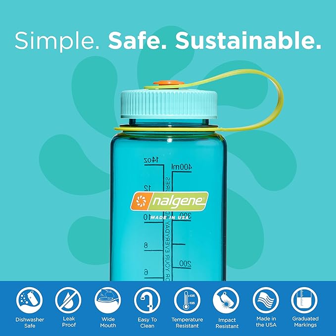 Nalgene Sustain Tritan BPA-Free Water Bottle Made with Material Derived From 50% Plastic Waste (using ISCC certified mass balance), 16 OZ, Wide Mouth, Cerulean (Pack of 6)