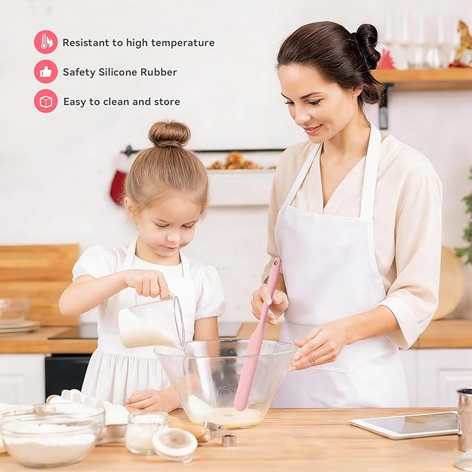 Silicone Jar Spatula Set of 4, Long Handle Skinny Spatula and Spurtle for Sourdough Starter, Flexible Jar Scraper for Peanut Butter, Jam, Icing, Cream with No Batter Left Behind (4, Pink)