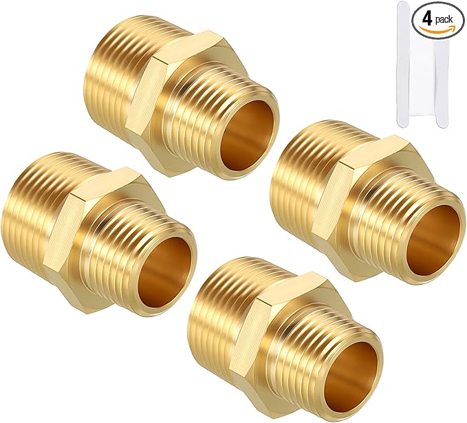 Pack of 4, 3/4" MNPT to 1/2" MNPT Solid Brass Hex Nipple Hose Connectors W/Sealing Tape, Male Pipe Adapter for Pipe Leak Repair, Bathroom Remodeling, Tool Extensions, Compression