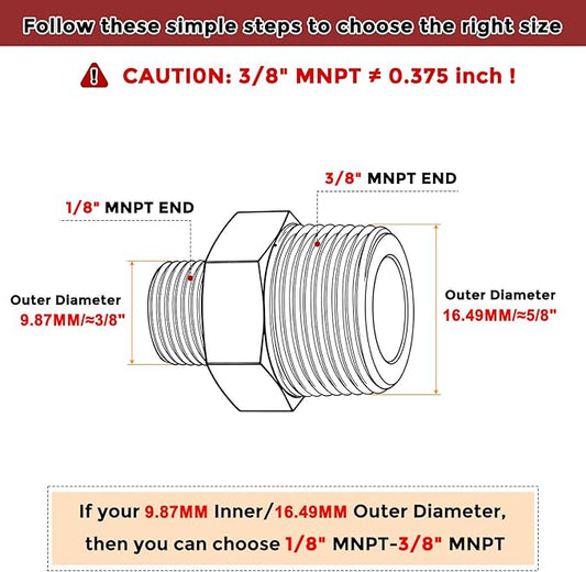 Pack of 2, 3/8" MNPT to 1/8" MNPT Solid Brass Hex Nipple Hose Connectors W/Sealing Tape, Male Pipe Adapter for Pipe Leak Repair, Bathroom Remodeling, Tool Extensions, Compression