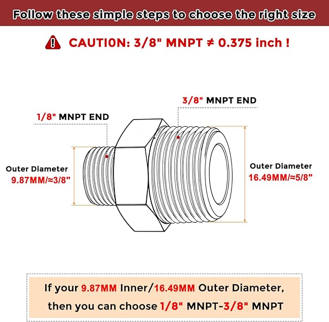 Pack of 1, 3/8" NPT Male to 1/8" NPT Male Solid Brass Hex Nipple Hose Connectors, Male Pipe Adapter for Pipe Leak Repair, Bathroom Remodeling, Tool Extensions, Compression