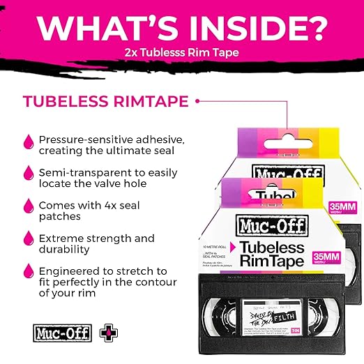 Muc-Off Tubeless Rim Tape 35mm (Pack of 2) - 10m Roll with 4X Seal Patches | Pressure-Sensitive Adhesive for Tubeless Bike Tyre Setups | Fits Road, CX, Gravel, MTB & Plus Rims