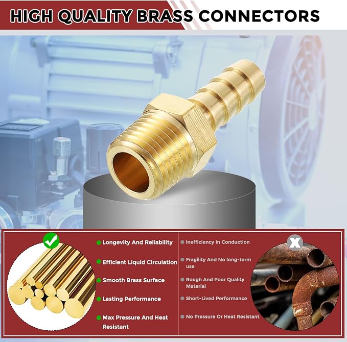 Pack of 8 Brass Hose Barb Fittings Adapter Connector 5/16" Hose Barb to 1/4" NPT Male Fittings for Home Machines, Massage Bathtubs, and Irrigation Systems