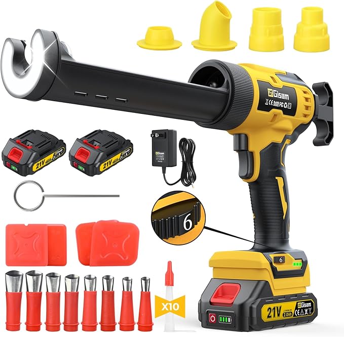 Electric Caulking Gun with 2 Batteries, 882LB Thrust, 32Pcs Cordless Caulking Tool, 6-Speed, Anti-Drip Auto-Retract, LED Light Caulk Gun for RV Sealing, DIY & Professional Use