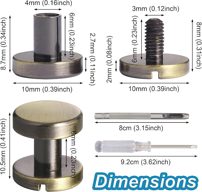 Notgia 6 Sets 10x6MM Brass Chicago Screws Rivets for Leather Binding Screws Studs Purse Hardware Spikes and Studs for Repair Decorate Clothing Shoes Belt Collar Leather Craft (Brushed Bronze)