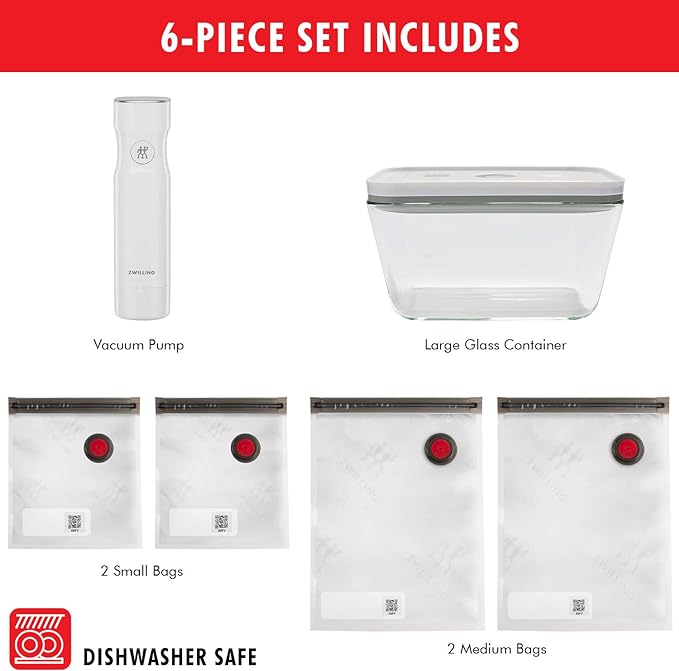 ZWILLING Fresh & Save Vacuum Sealer Machine Starter Set with Airtight Food Storage Container Glass, Sous Vide Bags, Meal Prep