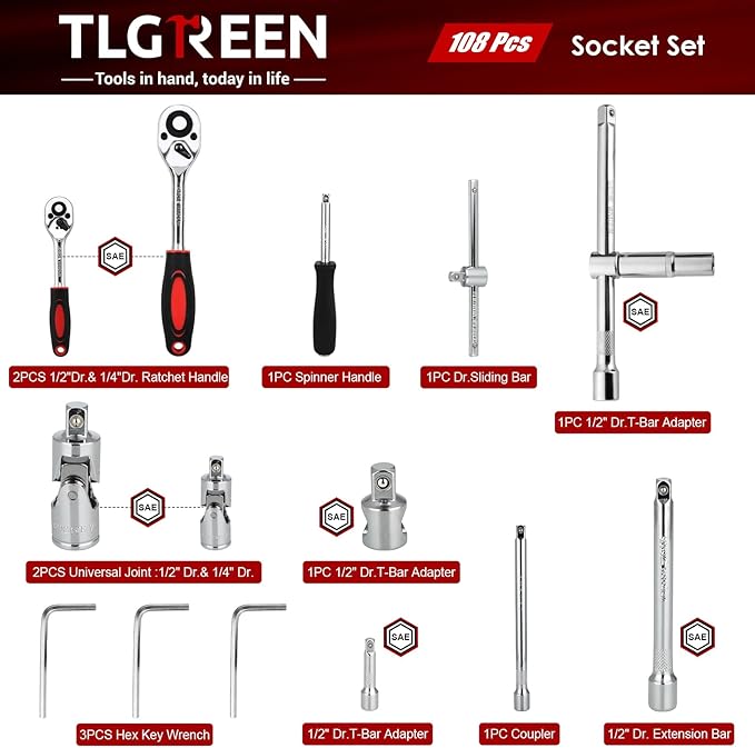 TLGREEN 108 Pcs Mechanic Socket Tool Kit,CR-V Steel Metric And 1/4" & 1/2" Ratchet set,Universal Joint,Extension Bars,Adapter,Quick Release Ratchet Wrench,Tool Box Set for Car Garage Dorm