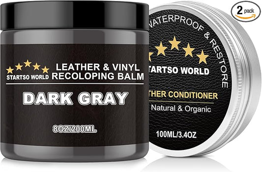 STARTSO WORLD 200Ml Leather Recoloring Balm with 100ML Leather Conditioner,Dark Gray Leather Repair Kit for Furniture, Leather Dye, Leather Scratch Repair, Leather Couch Paint