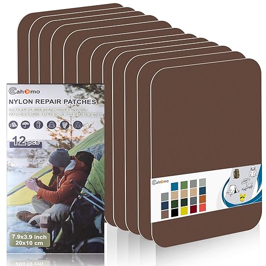 Cahomo 7.9x3.9 inch 12 PCS Nylon Repair Patch Nylon Repair Tape Self Adhesive Fabric Tapes Outdoor Camping Gear Fabric kit for Tent, Umbrella, Down Jackets, Sleeping Bag, Knapsack（Brown）