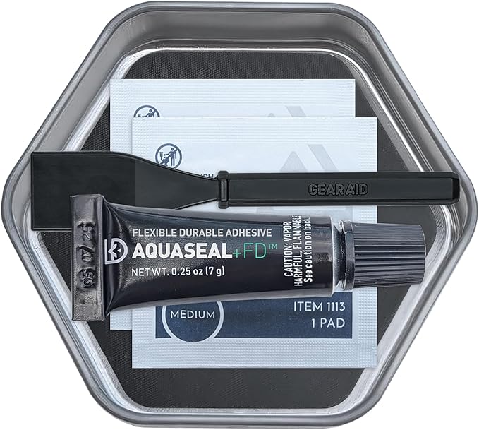 GEAR AID Aquaseal FD River & Sea Repair Kit – Waterproof 0.25 oz Adhesive with Four Tenacious Tape Hex Patches (2.5", Black and Clear) for Fixing Holes in Waders, Boots, Inflatables, and Outdoor Gear