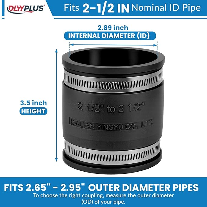 2 Pcs 2-1/2 IN Flexible PVC Pipe Coupling with Stainless Steel Clamps Fit 2-1/2 IN Nominal Pipes, Couplers for Plastic and Copper Pipe Plumbing Connections, Drain Repair, Dust Hose