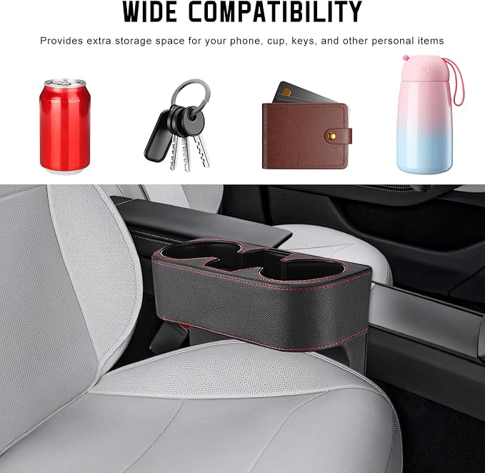Car Cup Holder Gap Filler Organizer, Multifunctional Car Console Side Organizer with 2 Cup Holders, Leather Seat Gap Filler Portable Drink Holders Storage Box for Most Vehicles (Black)