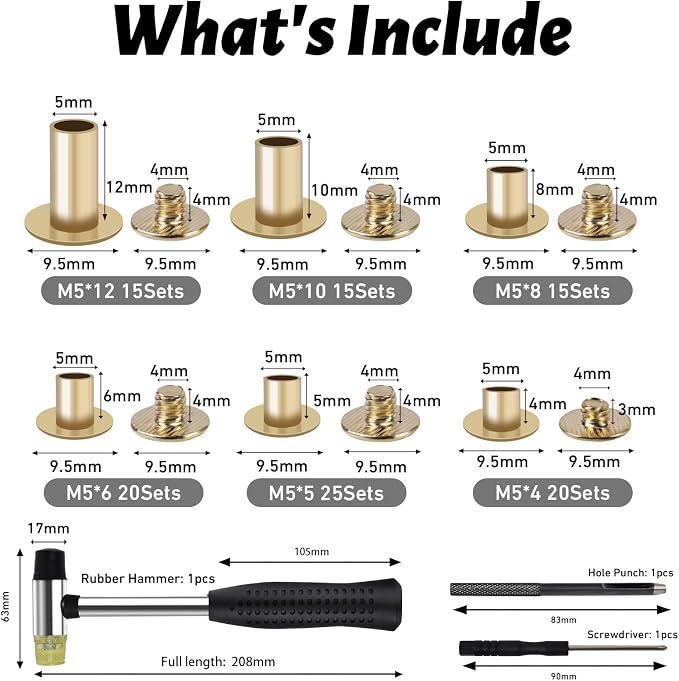 110 Sets Chicago Screws Leather Rivets Kit, 6 Sizes (M5*4/5/6/8/10/12mm) Leather Binding Screws with Rubber Hammer for Leather Craft, Belt, DIY Repair & Bookbinding (Gold)