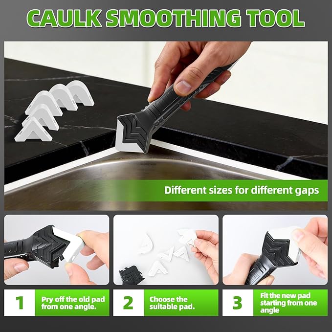 5 in 1 Silicone Caulking Tool Kit, Caulk Remover Tool with Stainless Steel Head,Caulk Finishing Tool with Different Angles,Grout Removal Tool for Kitchen Sink Washroom Bathroom Toilet Caulking (White)