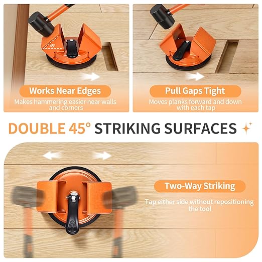 Floor Gap Fixer Tool for Laminate and Vinyl Flooring, Heavy-Duty Steel Floor Gap Repair Tool with Strong Suction Cup, Dual 45° Striking Surfaces, Gap Cleaning Blade, 5 Sticky Pads and 4 Felt Pad