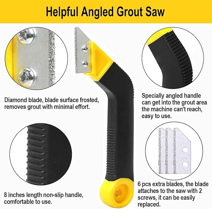 Grout Removal Tool, Angled Design Grout Hand Saw, Tile Grout Saw with 6 Pieces Extra Replacement Blades for Tile Cleaning