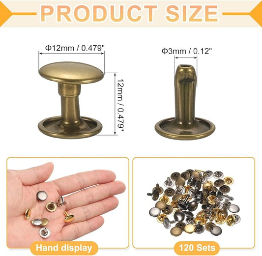 uxcell 120Set Leather Rivets, 12mm Double Cap Rivet Tubular Metal Studs Repairs Decoration Craft Accessories for Repair Decorate Leather Craft Belt Bag Shoes Purse Belts, 4 Color