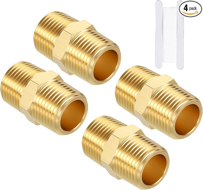 Pack of 4, 3/8" MNPT to 3/8" MNPT Solid Brass Hex Nipple Hose Connectors W/Sealing Tape, Male Pipe Adapters for Pipe Leak Repair, Bathroom Remodeling, Tool Extensions, Compression