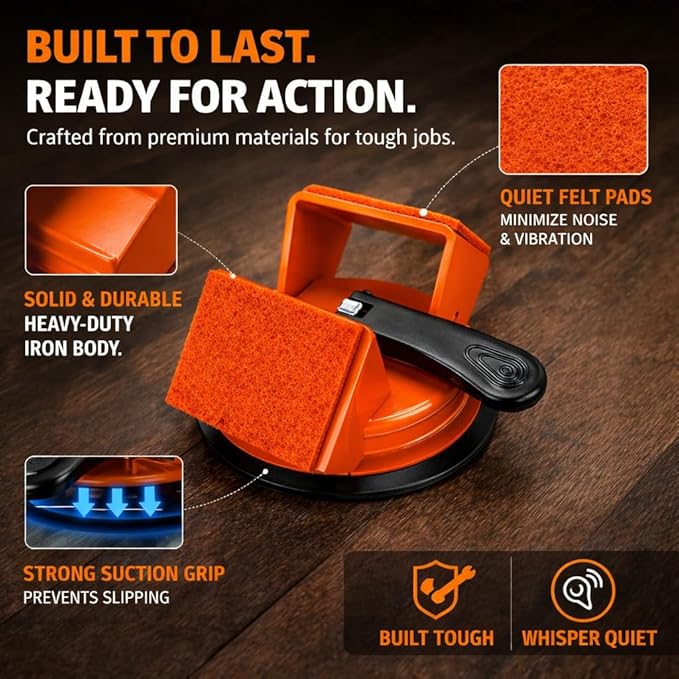 Floor Gap Fixer Tool, Heavy Duty Suction Cup Floor Gap Repair Tool for Vinyl Plank Laminate Flooring, 45° Striking Surface Plank Grabber with Gap Cutter, 5 Adhesive Pads Included, Orange