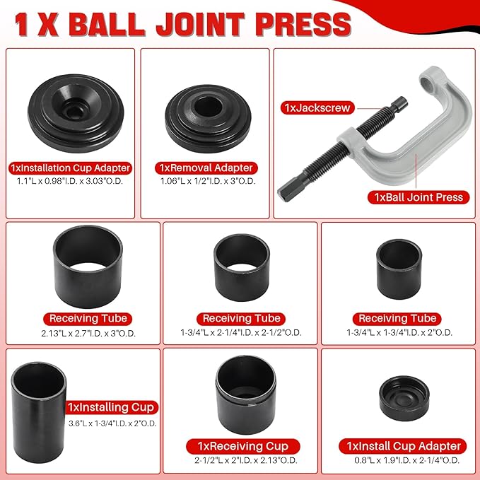 DASBET Ball Joint Removal Tool Kit | Ball Joint Press & U Joint Removal Kit Heavy Duty Ball Joint Press Fits Most 2WD and 4WD Cars Light Trucks 10PCS Ball Joint Service Tool Bushing Press Kit (Red)