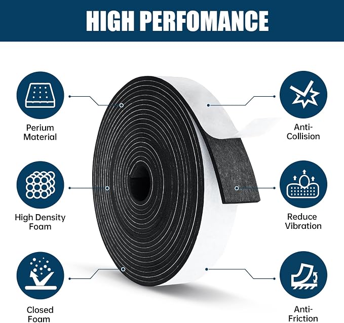 Single Sided Foam Tape Heavy Duty Waterproof, 2 Inch Wide x 1/4 Inch Thick EVA Foam Insulation Tape, Black Weather Stripping for Doors and AC Windows Seal, Soundproof 16.5ft
