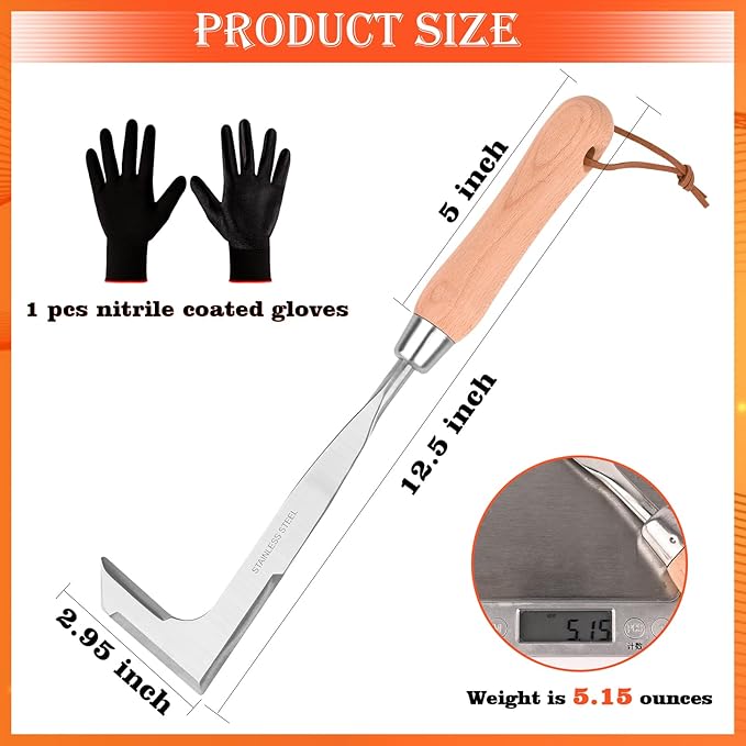 BokingOne 3-Sided Crevice Weeder - 12.6" Stainless Steel Garden Weeding Tool with Beech Handle, L-Shaped Crevice Weeder Sickle for Garden Lawn, Yard Patio Terrace, Paving Gaps