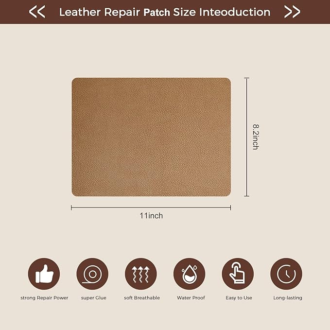 JDLUGH Sofa Leather Repair Patch Tape 8.2x11 Inch2PCS Large Self Adhesive Leather Sofa, Car Seat, Leather Furniture, Vinyl Repair Patch Kit (8.2x11 Inch, Yellowish brown2.0) Khaki