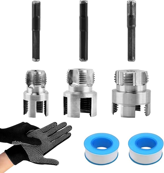 3Pcs Pipe Threading Tool,PVC Pipe Threader Kit,Dual-Function Internal & External Pipes Threading Tool for 1/2",3/4",1" Plastic Pipes,with 2 rolls PTFE Tape & 1 pair Gloves,for Home Repair