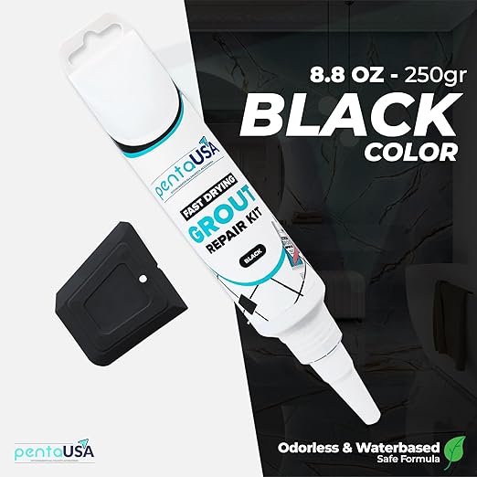 PentaUSA Tile Grout Repair Kit - Black Premixed Acrylic Sanded Grout Filler for Bathroom, Shower, and Kitchen Tile Repair, Water-Resistant Tube with Applicator, Fills Cracks and Gaps, (8.8oz / 250g)