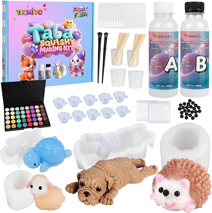 DIY Taba Squishy Kit - Make Your Own Squishies with Animal Molds and 1:1 AB Liquid Silicone Gel (14oz)
