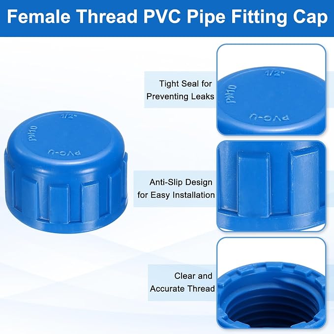 uxcell 12Pcs 1/2 Inch PT Female Thread PVC Pipe Fitting Cap, Cleanout Water Drain End Caps, Pipe Plug Socket Fittings with Tape for Water Heater Supply Lines, Plumbing, Blue