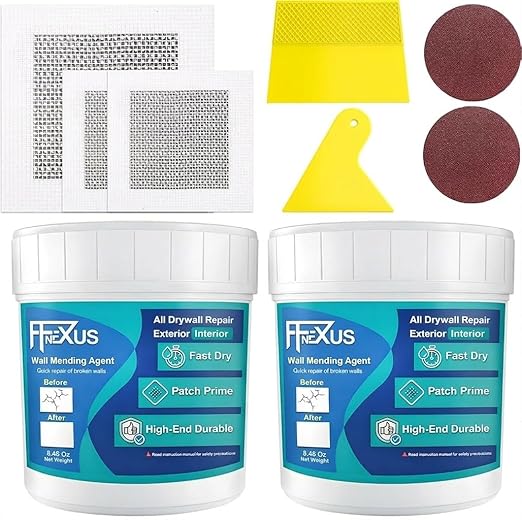 Drywall Repair Kit – 2×8.47 oz Putty Jars with 2×2″ & 4×4″ Wall Patch Mesh, Small & Large Scrapers & 2 Sandpapers | Quick-Dry Spackle & Sheetrock Crack Filler for Wall, Ceiling & Plaster Repair
