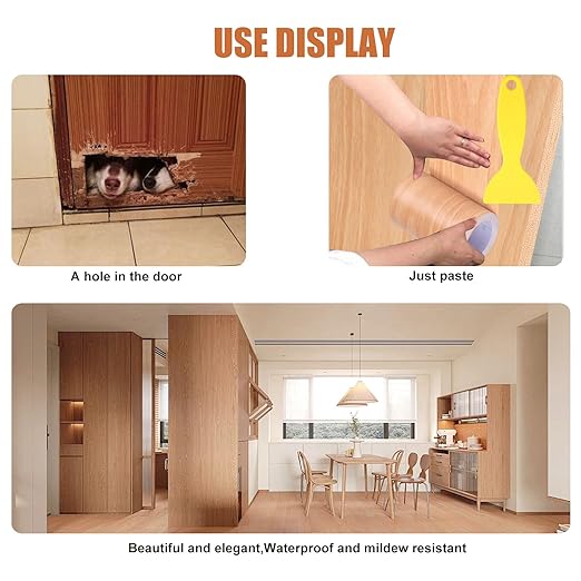 4" X33' Size Realistic Wood Grain Repair Tape, Self Adhesive Wood Grain Repair Patch for Tables, Chairs, Doors, Windows, Floors, Furniture Renovation, Handicraft DIY. & Plastic Scraper. Natural Oak