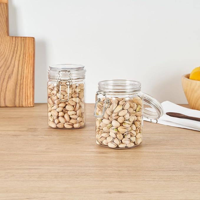 Restaurantware-Met Lux 29 Ounce Hinged Food Storage Jars, 2 Airtight Jars With Lids - Rubber Gasket, Wide Mouth, Clear Plastic Square Canisters, For Kitchen And Pantry Storage Of Bulk Dry Food