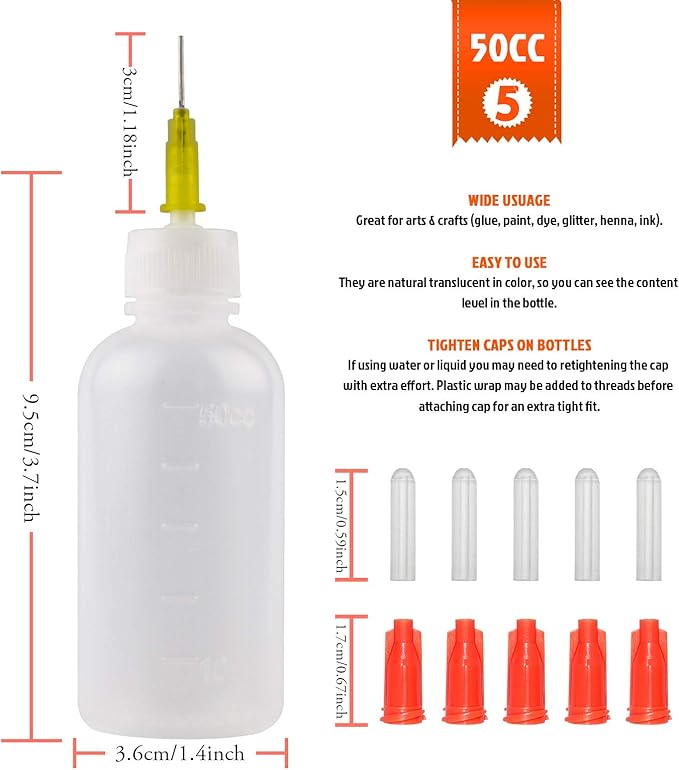 FJNATINH 50cc Glue Squeeze Bottle, Precision Tips Applicator Bottles, 5 Pack