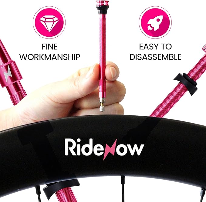 RideNow Tubeless Presta Valve Stems, 85mm Super Light 7075 Aluminum Alloy Presta Tubeless Valve Stem Kit with Valve Core Remover Tool and Valve Stem Caps, Multiple Color & Size Options(Pair), Rose Red