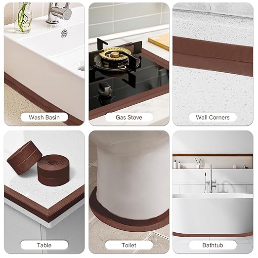 3 Rolls 1.5 Inch Caulk Tape Self Adhesive Toilet Caulking Strip Bathroom Sealing Caulk Strip Peel and Stick Bathtub Caulking Tape, 10.5 Feet Each Roll (Brown)