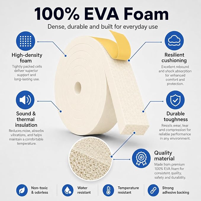 1" x 2" EVA Foam Weather Stripping Tape, 6.5FT Self-Adhesive Foam Seal Strip for Large Door & Window Gaps, White