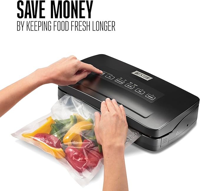 Weston Vacuum Sealer Machine for Food Preservation & Sous Vide, Seals Bags up to 11” Wide, 110 Watts, 22.5” HG Strength, Pulse Function, Includes Roll Storage and Starter Pack, Black (65-3001-W)