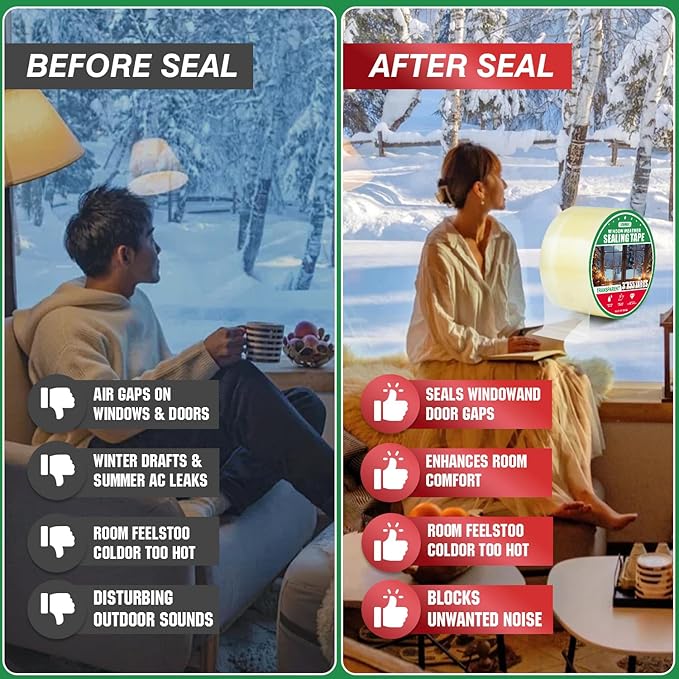 1Pack Window Weather Sealing Tape, 3in x 55y,Clear Window Insulation Tape for Doors Windows and Shower Glass Gaps,‎Waterproof,No Residue