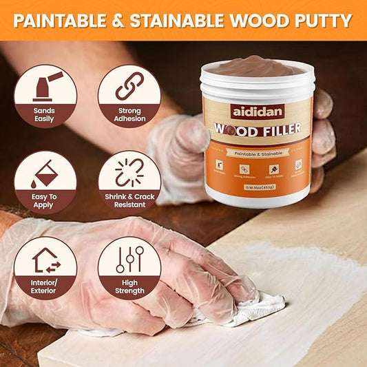 Wood Filler, Wood Repair Kit,16 Ounce Paintable & Stainable Wood Putty Filler, Wood Scratch Cracks Holes Repair Furniture, Exterior Wood Filler Water Resistant, Wood Putty,16oz, Walnut