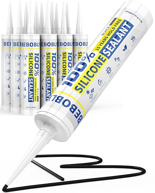 Black Silicone Caulk & Sealant, 100% Waterproof Silicone Caulking, Silicone Sealant Caulking for Kitchen, Bathroom, RV, Interior & Exterior Use, Shrink & Crack Proof, 10.2 FL. OZ/300ML, 12 Pack