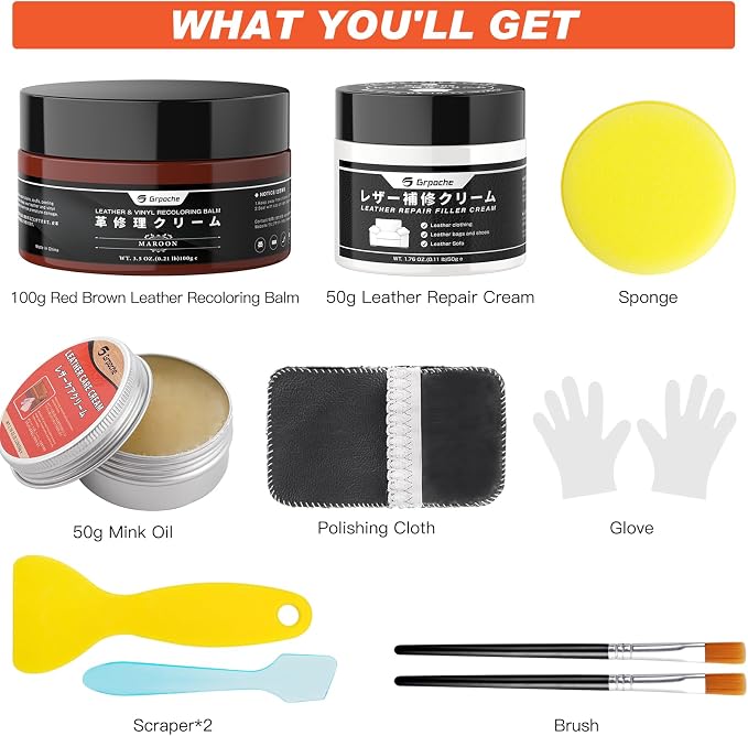 Leather Recoloring Balm Red Brown, Mink Oil Leather Conditioner & Leather Filler Cream, Leather Repair Kit for Furniture,Vinyl Repair Kit Restore Couches, Car Seats, Purse, Scratch, Peeling,Burn Holes